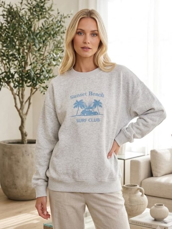Gilli Tops - Gilli Sunset Beach Surf Club Embroidered Gray Crewneck Sweatshirt Oversized S
